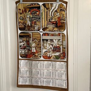 Vintage 1983 Alba calendar cotton tea towel with scenes of men cooking